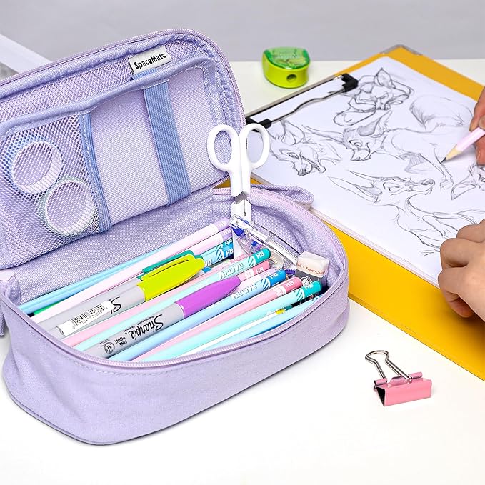 Pencil Case Pouch Box Bag School Supplies Girls Boys Kids, Cute Preppy Stuff Large Big Capacity Aesthetic Pen Organizer, Back to College Stationary, Purple, Heavy Duty Canvas, 1800ml