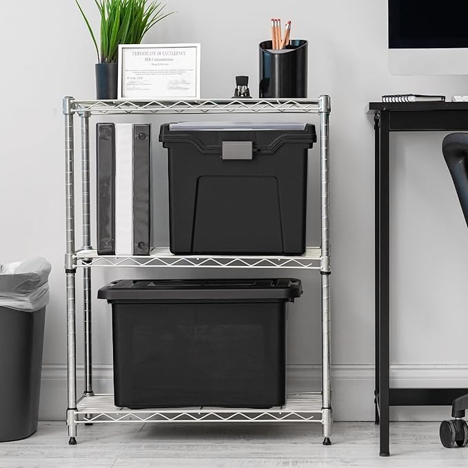 IRIS USA File Box with Lid File Organizer for Letter File w/ Organizer-Lid, Water Resistant Document Box, Plastic Mobile Filing Organizer, Secure Buckle, Portable Handle, Lockable, Black 4 Pack