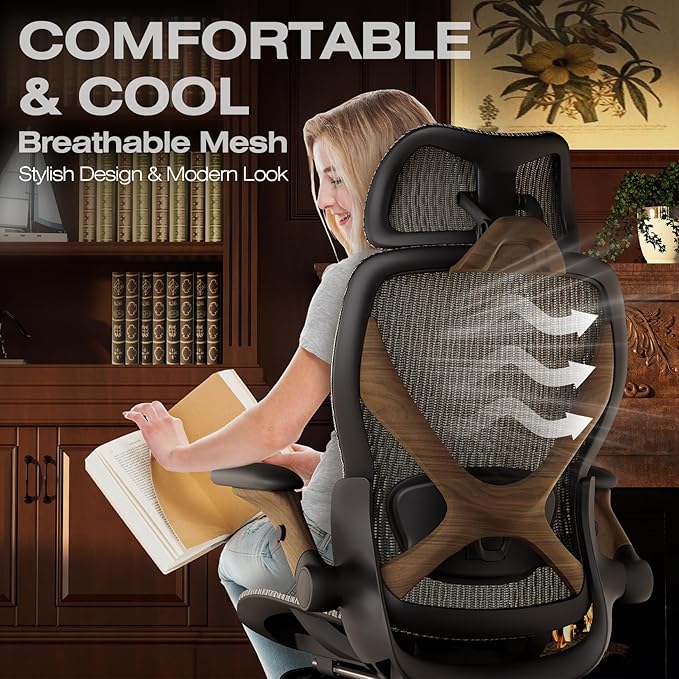 ELABEST X100 Ergonomic Office Chair with Footrest, Big and Tall Home Desk Chair with 5D Flip-Up Arms, Adjustable 9D Lumbar Support,High Back Rolling Computer Chair, Swivel Mesh Chairs (Coffee Break)