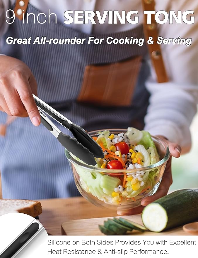 Anaeat Non-Stick Silicone Locking Tong Set of 2 - Stainless Steel 9" and 12" Kitchen Food Tongs with Non-Slip Silicone Tips and Grip for Cooking, Baking and BBQ - Heavy Duty & Heat Resistant (Black)