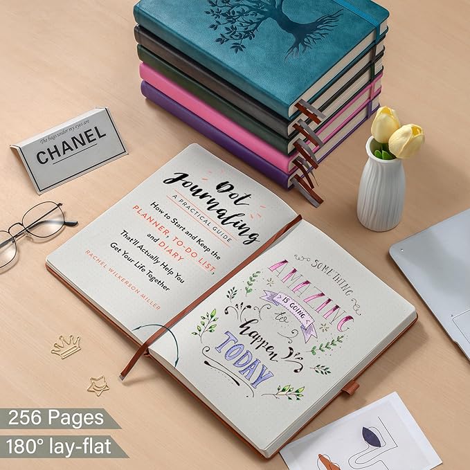 ZXHQ B5 Bullet Dotted Journal Notebook:150 gsm Thick Paper, 256 Pages, Dot Grid Hardcover, Tree of Life Design, Fine Inner Pocket - 7.7" × 10" Brown