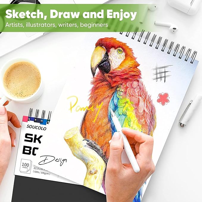 Professional Drawing Supplies for Sketch, Charcoal, Colored, Graphite, Pastel Pencils & Sticks. Soucolor 2-Pack 9" x 12" Sketch Book, 200 Sheets Spiral Bound 68lb/100gsm Paper for Kids Adults Artists