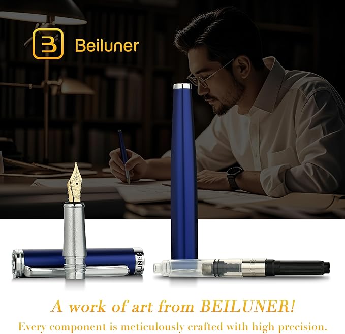 BEILUNER Luxury Fountain Pen Set,Solid 24K Gilded Fine Nib, Modern Classic Limited Edition -Includes 6 Ink Cartridges&Ink Refill Converter with Gift Case-Perfect for Men and Women(Charming blue)