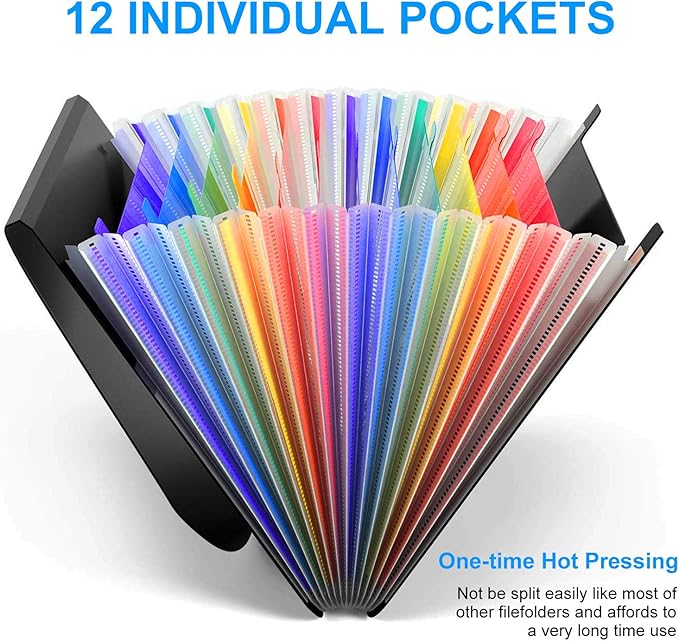 3 Pack Expanding File Folder with Blank Label, 12 Pocket Accordian File Organizer Document Storage Organizer, Desktop Accordion Folders File Keeper A4 Letter Size for Home School Office