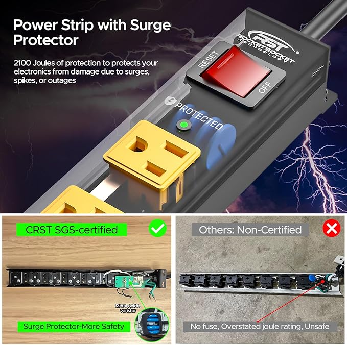 CRST 2Pack 6 Outlet Surge Protector Power Strip 2100J with Switch, 15A/1875W Heavy Duty Mountable Power Strip, Wide Spaced Power Bar for Garage Worshop Home School, 6 FT Cord( Black+Yellow)