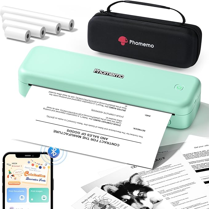 Phomemo Portable Printers Wireless for Travel,M834 Bluetooth Thermal Printer 8.5" x 11"& A4 Size,Inkless Mobile Printer with Carry Case for Travel,Office,School,Car,Home,Green