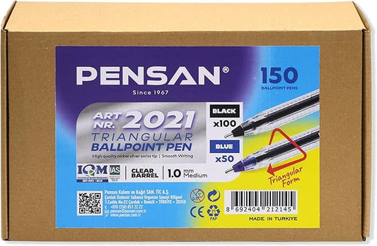 Ballpoint Pens Bulk Pack, 150-Count – 100 Black & 50 Blue Ink Pens, 1.0mm Medium Point, Ergonomic Triangle Grip