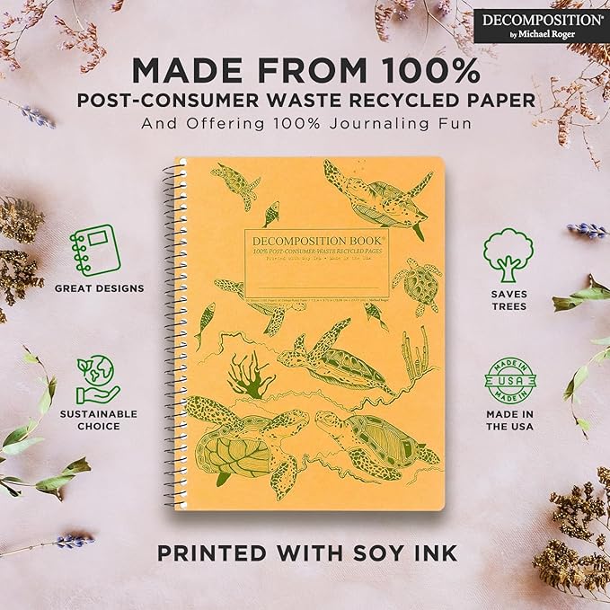 Decomposition Sea Turtles College Ruled Spiral Notebook - 9.75 x 7.5 Journal with 160 Lined Pages - 100% Recycled Paper - Cute Notebooks for School Supplies, Home & Office - Made in USA