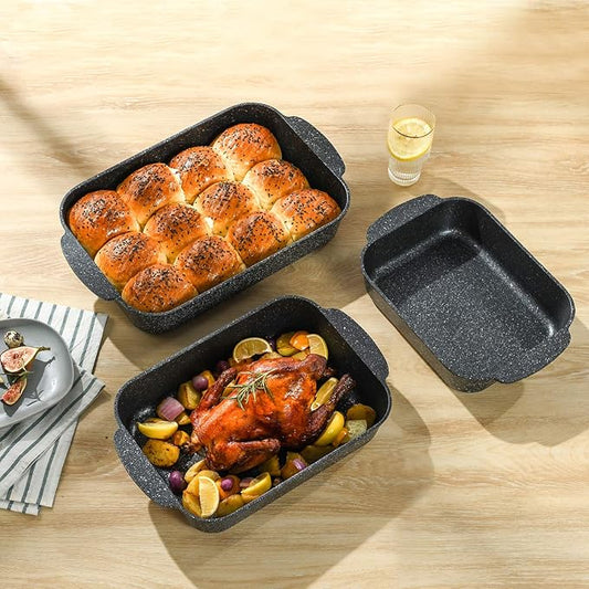 S·KITCHN Set of 3 Nonstick Roasting Pan Baking Dishes for Lasagna, Casserole and Bread Baking Pan, Large & Deep Lasagna Pan with Handles