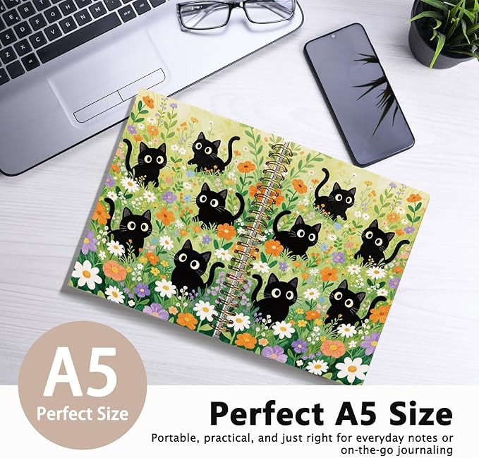 LIANHW Cute Cat Journals Notebook, Cute Notebooks for School Aesthetic, Cat Lover Gifts Notebooks for Note Taking, Cat Mom Lady Gifts for Women Journal, Black Kittens Journal 5.5x8.3 Inch