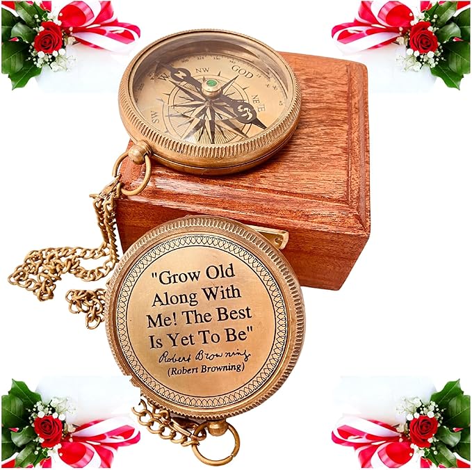 Gift for Husband Wife - Brass Compass 2" | Engraved Quote Birthday Wedding Anniversary Christmas Romantic Love Gifts idea for Boyfriend Girlfriend Men Women Him Her (Grow Old Along with Me)