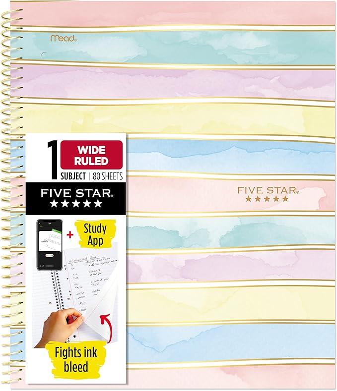Five Star Spiral Notebook + Study App, 1 Subject, Wide Ruled, 8" x 10-1/2", 80 Sheets, Fights Ink Bleed, Water Resistant Cover, Pastel Stripes (930209F-ECM)