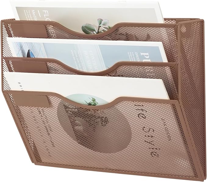 EASEPRES 3 Pocket Mesh Hanging Wall File Organizer, Wall Mounted Mail Paper Document Folder Holder, Clipboard Storage Organization Magazine Rack with Nametag Label for Office Home School, Brown