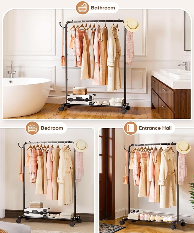 Homde Heavy Duty Clothes Rack: 120lb Standing Garment Storage for Indoor - Rolling Hanging Rod for Bedroom Laundry Room - Coat Dress Organizer on Wheels with luggage shelf (Black,32")