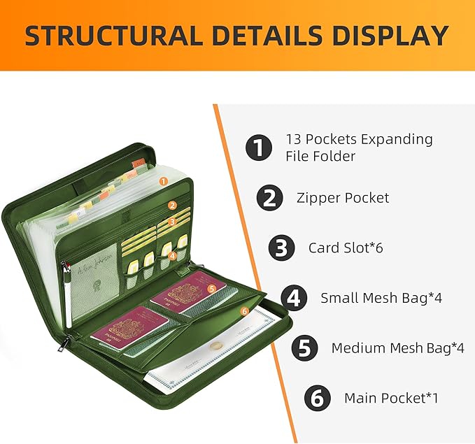 JUNDUN Accordion File Organizer - Fireproof Accordion Folder with Zipper & Labels - 12 Pocket Expanding File Folder with Multi-Pockets Paper Organizer Folder for Letter A4 Files More (Green)