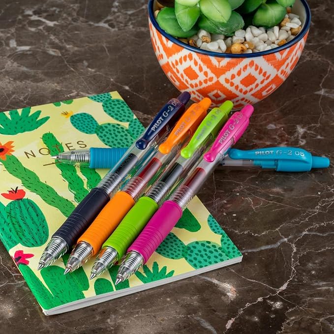 G2 Retractable Premium Gel Ink Roller Ball Pens Extra Fine Point (.5mm) Black/Blue Ink 5 pack; Refillable & Premium Comfort Grip Bundle with Plastic Reusable Pouch