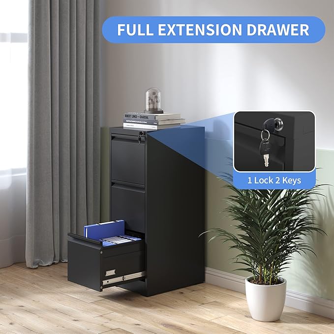 3 Drawer File Cabinet with Lock, Vertical File Cabinet with Lock, Locking File Cabinet Hanging Files for A4/ Legal/Letter, Require Assembly, Black