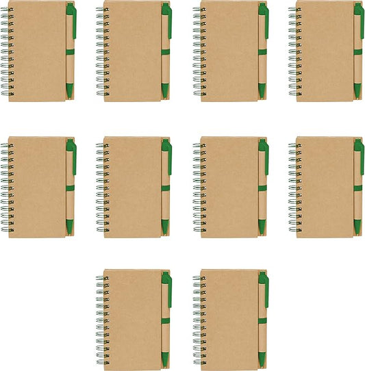 Mini Spiral Notebooks with Black Ink Pens Set of 10, Bulk Pack - Perfect for School, Office, Business, Home - Green