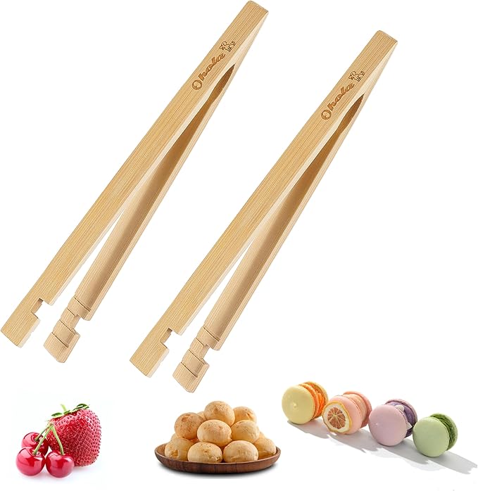 2PCS Reusable Toaster Tongs, OHOLA 8 inch Bamboo Cooking Tong, Multipurpose Wooden Tongs for Toaster, Fruits, Bread, Pickles, Cheese, Bacon, and Muffins (Stylish Pattern)