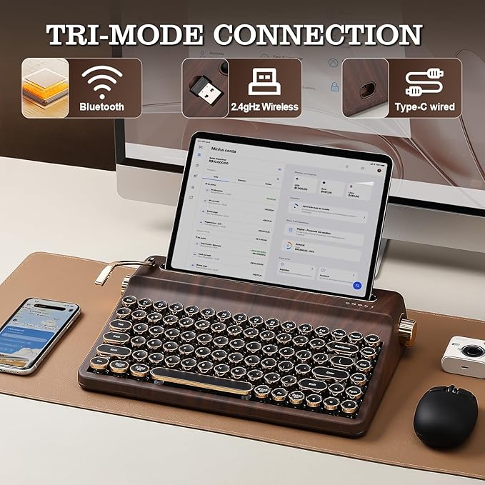 YUNZII QL75 Wireless Typewriter Hot Swap Retro Mechanical Keyboard,Punk Round Keycaps,RGB Backlit QMK/VIA Programmable, Multi-Device Keyboard with 2.4GHz/Type-C/BT5.0 (Wood, Onyx Switch)