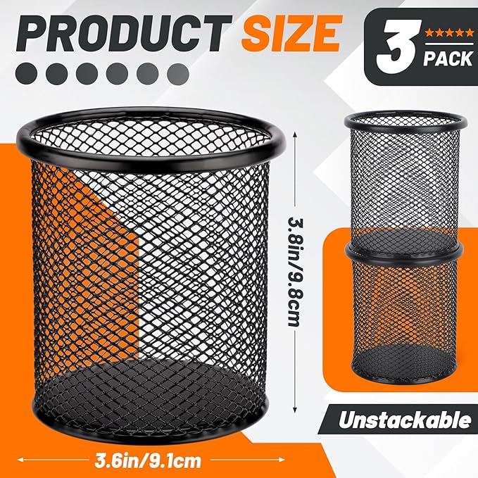 Segarty Pen Holder, 3 Pack Round Black Pen Cup Holder for Desk, Wire Mesh Pencil Containers Set for Office Supplies, School Maker, Home Desktop Accessories Organizer, Makeup Brush