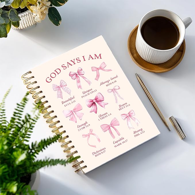 Bible Notebook, A5 Spiral Christian Journal with Floral Pink Butterfly Notebook, Bible Verse-God Says You Are, Inspirational Notebooks for Women, Bible Study, Gift for Birthday Christmas