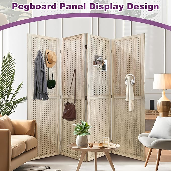 Room Divider, 5.6FT Folding Room Divider Panel, 4 Panel Pegboard Display Wood Partition Wall Divider for Room Separation& Craft Shows, Natural Wood
