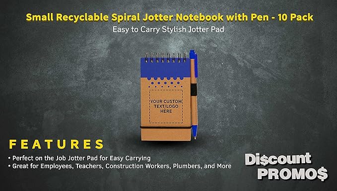 DISCOUNT PROMOS 10 Recyclable Spiral Small Notebooks Pack - Customizable Text, Logo - 60 Lined Pages - Blue
