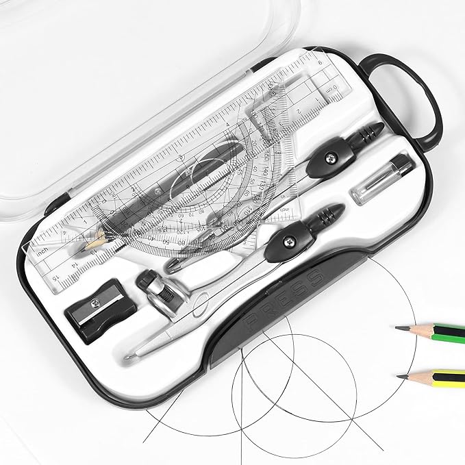 10 Pieces Math Geometry Kit Set Student Supplies with Shatterproof Storage Box,Includes Rulers,Protractor,Compass,Eraser,Pencil Sharpener,Lead Refills,Pencil,for School and Drawings(Black)