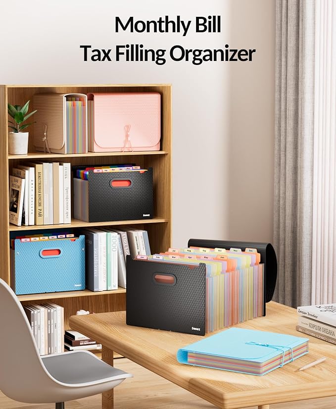Sooez Upgraded Accordion File Organizer, Expanding File Folder with Deeper 12 Pockets - Never Cover Up Index Tabs, Monthly Bill Paper Receipt Document Organizer, Letter A4 Size for Home Office School