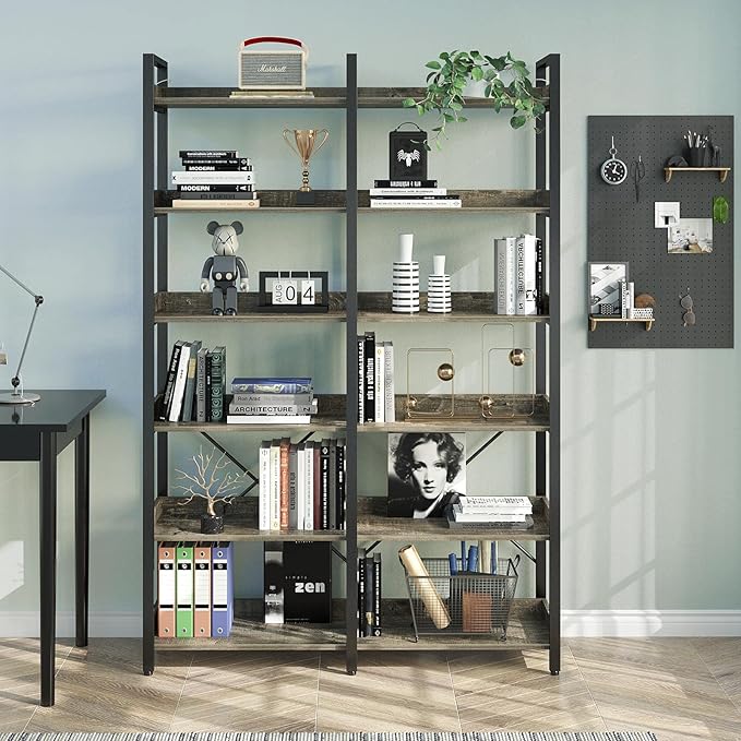 Seventable Bookshelf 6 Tier with 4 Hooks,67”Industrial Wooden Bookcase, Vintage Storage Rack with Open Shelves, Rustic Standing Bookshelves Metal Frame 43.3” Wide Display Rack, Gray