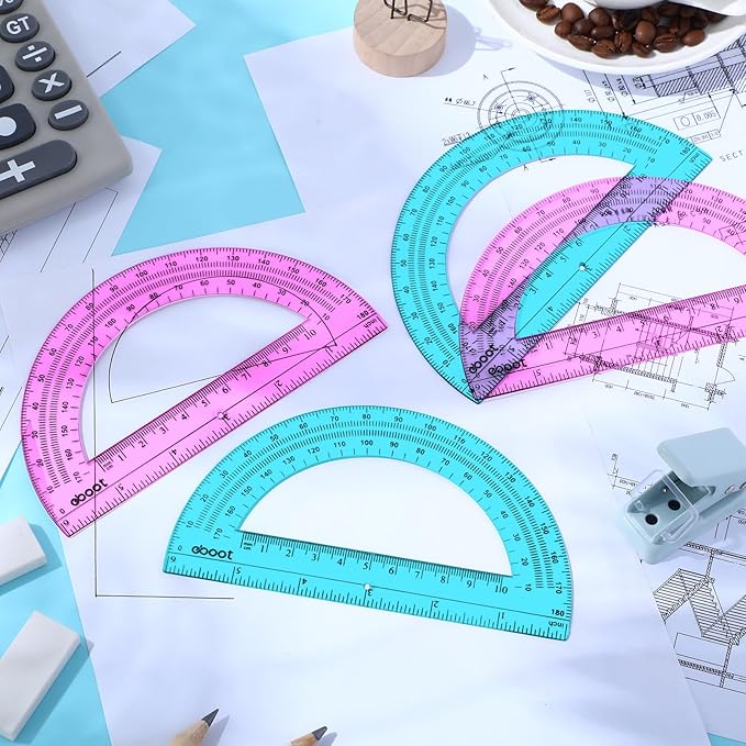 EBOOT 24 Pack Plastic Protractors Math Protractor 180 Degrees 6 Inch (Pink, Blue)