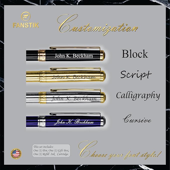 Customized Black & Silver Luxury ballpoint pen (Made In USA) fancy gift set for women, Real 24K Gold Plating, Professional executive pen gift set for men (Lux Custom-BallPoint Black-Silver)