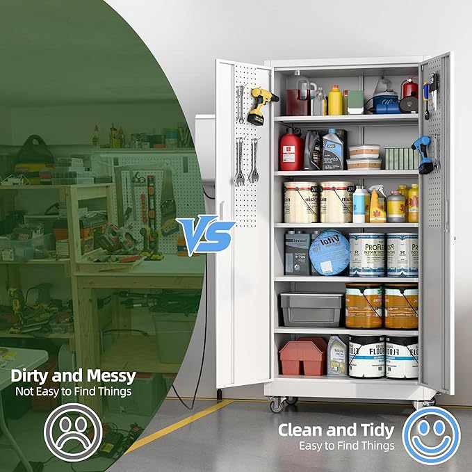 Aobabo Upgraded Garage Storage Cabinets with Wheels,Metal Storage Cabinets with 5 Adjustable Shelves for Garage Home Office Storage, White,71''H*32''W*16''D,Assembly Required