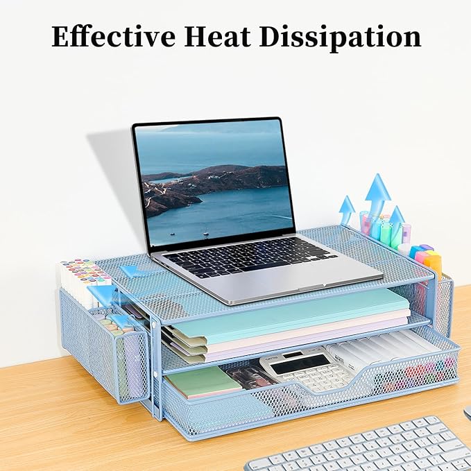 AUPSEN Computer Monitor Stands Riser,2-Tier Desk Organizers and Accessories, Office Desk Accessories Organizer with Drawers and 2 Pen Holder for Office Supplies (Blue)