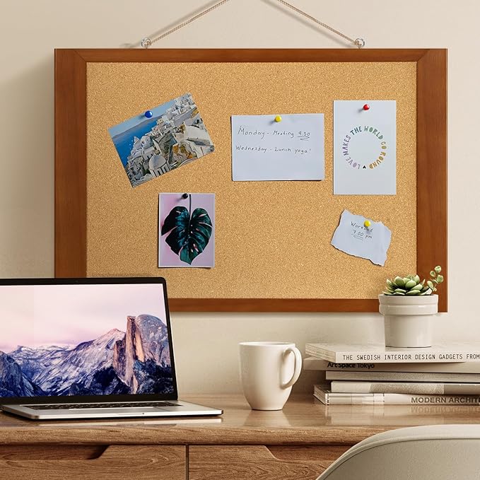 Cork Boards for Wall 16” x 24”, Extra Wide Wooden Framed Bulletin Board, Decorative Hanging Pin Board, Corkboards for Wall Notice Board Memo Board for Home, School, Office, Two-Sides Cork