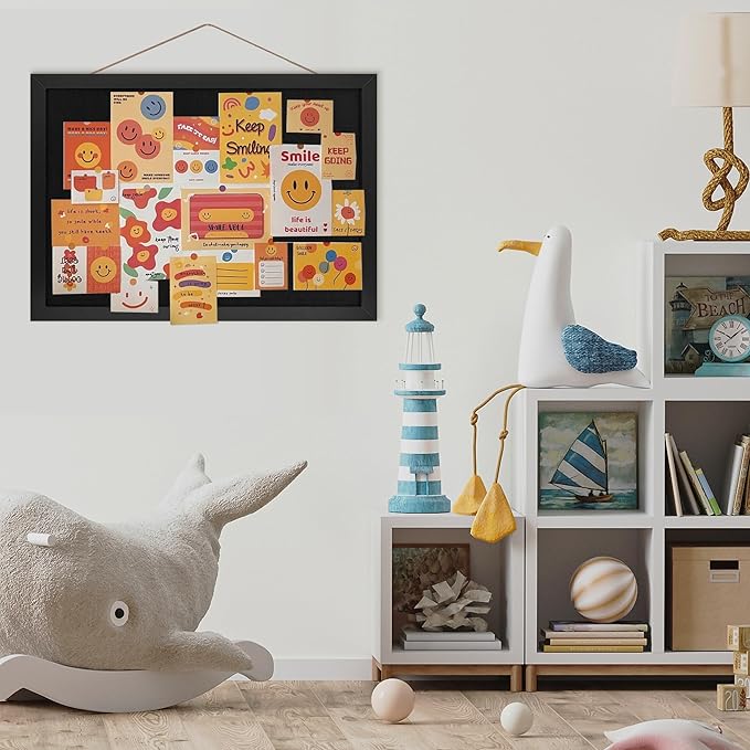 Black Cork Board Bulletin Board 16.7" x 11", 2-Pack Small Linen Corkboards with Frame for Walls, Cute Picture Display Pin Board Vision Board for Room School Office Bedroom 25 Pushpins