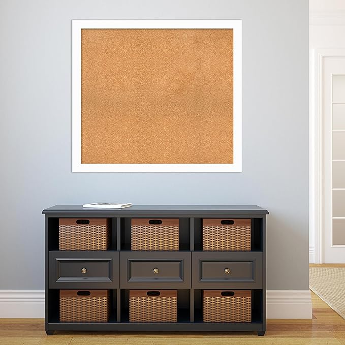 Amanti Art Natural Cork Board for Wall, 35x39 Vision Board with White Frame, X-Large Corkboard Office Decor for Home Organization, Casual Corkboard Pinboard to Display Items for Home Organization in
