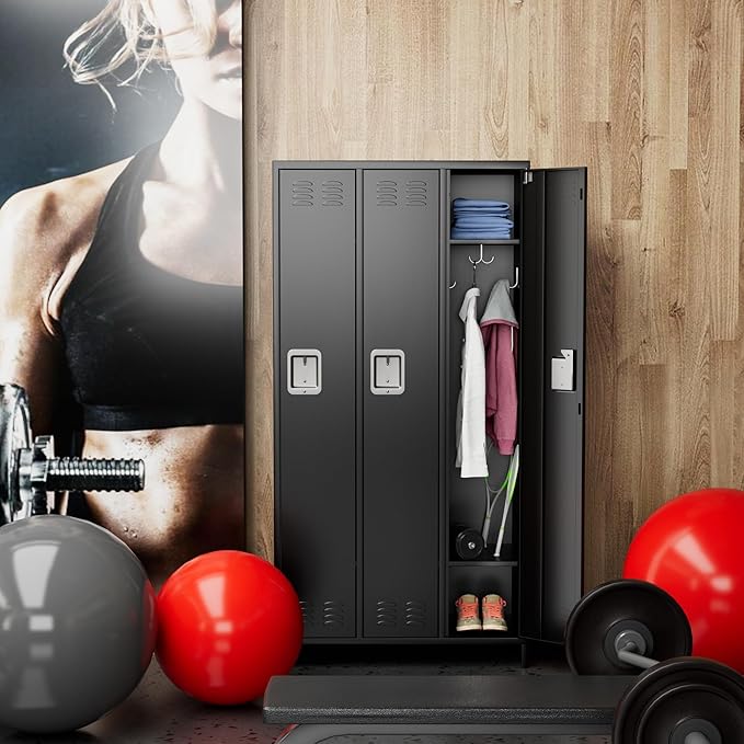 3 Doors Metal Lockers for Employees with Lock, Metal Locker with 9 Hooks for School Garage Office Gym Home,Assembly Required,Black