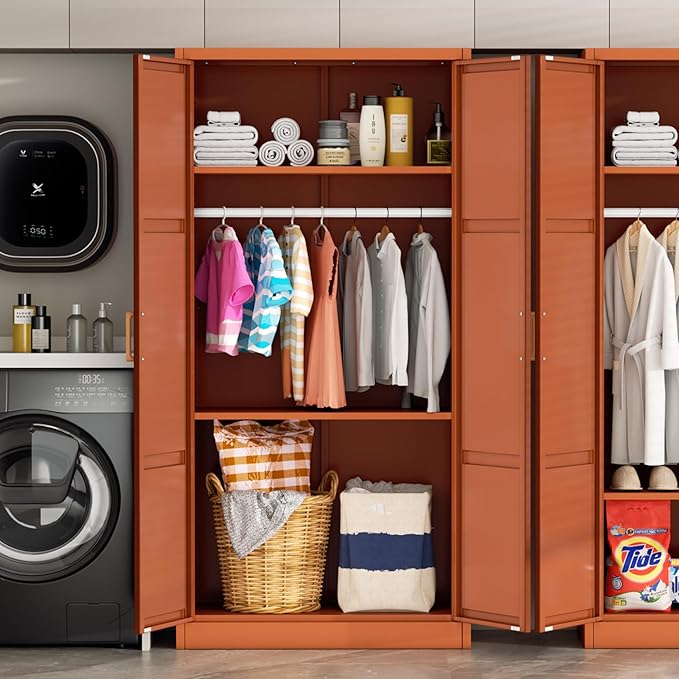 Greenvelly Metal Wardrobe Cabinet with Wooden Handle, 72" Metal Wardrobe Closet with Hanging Rods and Adjustable Shelves, Clothing Storage Closet Cabinet for Home, Office, Employee, Gym (Brown)