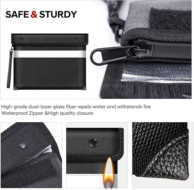 Fire Proof Money Bag for Cash 5200℉ Heat Insulated,Fireproof Waterproof Document Pouches with Double-Sided Reflective Strip,Money Envelopes for Cash,Valuables,Jewelry(11"x7.7",Black)