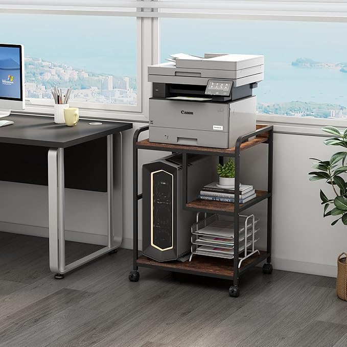 22 x 18 Inch Large Printer Stand, Mobile Printer Table with Wheels for Home Office Storage and Organization, PC Tower Stand, Host Computer Cart, Shelf for Desktop CPU Shredder - Rustic Brown