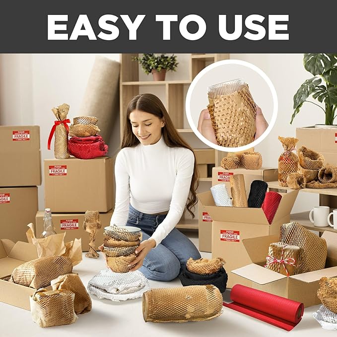 Honeycomb Packing Paper, 12"x400' Black | Perforated Honeycomb Packing Paper Recyclable Moving Supplies for Shipping & Moving | Plastic-Free Alternative to Bubble Cushion Wrap with 36 Fragile Stickers