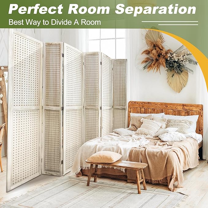 NicBex Room Divider 6 Panel Pegboard Display 5.6FT Wood PegBoard Room Dividers, Folding Privacy Screens Portable Display Board Wall Divider for Craft/Art Shows, Room Separation, Natural Wood