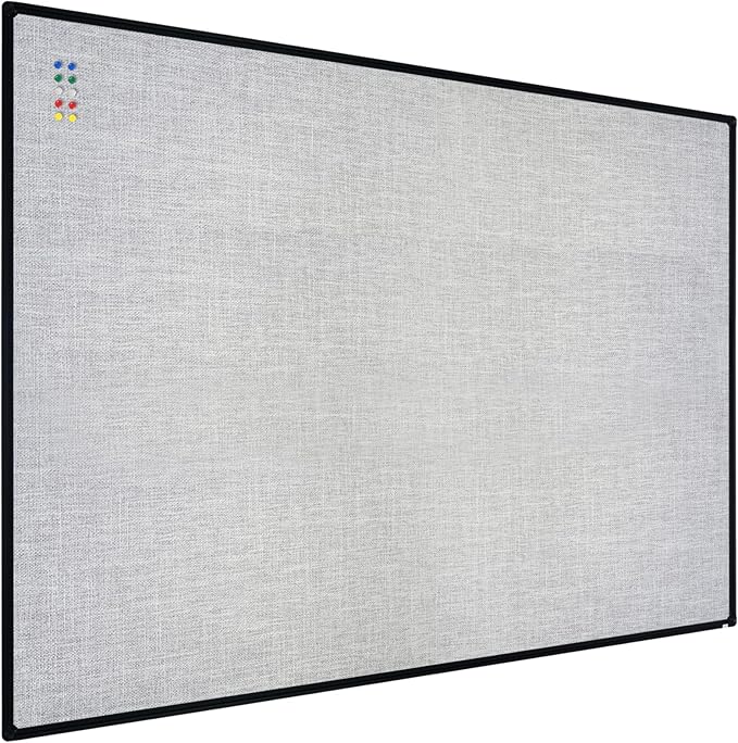 JILoffice Cork Linen Bulletin Board 48 X 36 Inch (Grey), Black Aluminum Frame Wall Mounted Board Memo Pin Board for Office Home and School