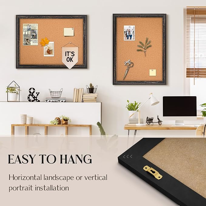 Cork Board Bulletin Board, 30" x 20" Corkboard for Wall, Rustic Black Wooden Frame, Decorative Hanging Pin Board for Home Office Room Decor, 10 Push Pins