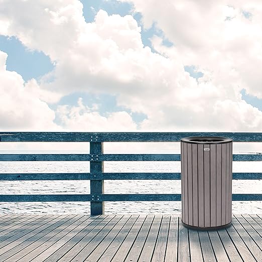 Alpine 32 Gallon Commercial Outdoor Trash Can - Heavy Duty Garbage Can Outdoor, Industrial Open Top Trash Can with Plastic Panels for Patio, Parks, Trails, Resorts (Flat Lid - Grey)