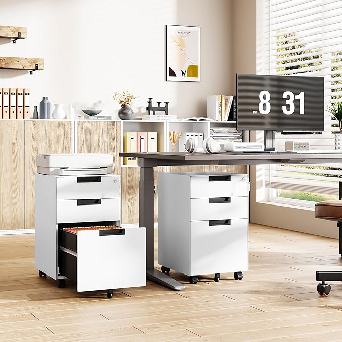 Mobile File Cabinet,3 Drawer Locking Storage Filing Cabinet,Office Metal Storage Cabinet on Wheels for Legal/Letter/A4 File(Fully Assembled,White)