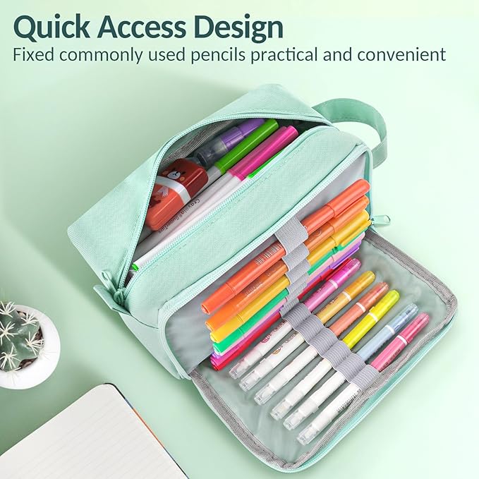 Sooez Original High Capacity Pencil Case, Big Pencil Bag Pouch Box Organizer Pen Case, Portable Journaling Supplies with Easy Grip Handle & Loop, Aesthetic Supply for Girls Adults, Mint Green