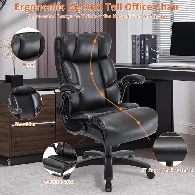 Big and Tall Office Chair 500lbs Wide Seat Executive Office Desk Chair High-Back Office Task Chair with Flip-Up Armrest, Ergonomic Lumbar Support Computer Office Chairs for Heavy People(Black)